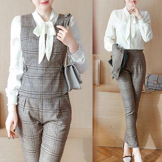 Set: Plaid Vest + Plaid Dress Pants + Tie-neck Long-sleeve Blouse