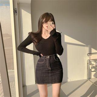 High Waist Denim Mini Pencil Skirt