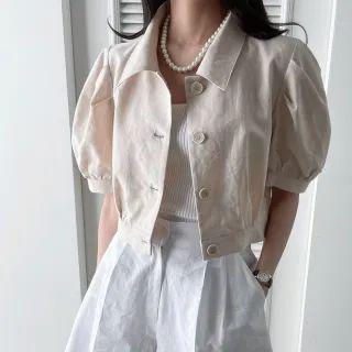 Collared Puff-sleeve Crop Jacket