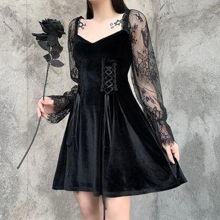 Lace Panel Lace-up Front Mini Dress