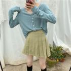 Long-sleeve Buttoned Top / Plaid Mini Pleated Skirt