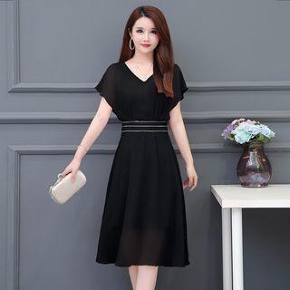 Rhinestone Short-sleeve Chiffon A-line Dress