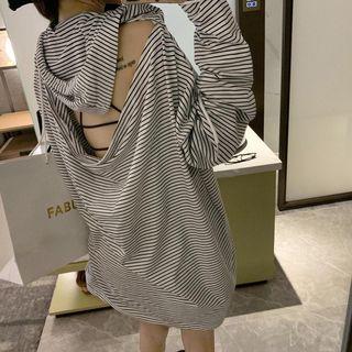 Open Back Striped Hooded Long-sleeve T-shirt