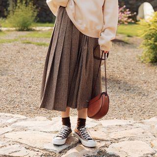 Plaid Midi A-line Pleated Skirt Check - One Size