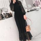 Long-sleeve Lace Panel Midi Mermaid Knit Dress