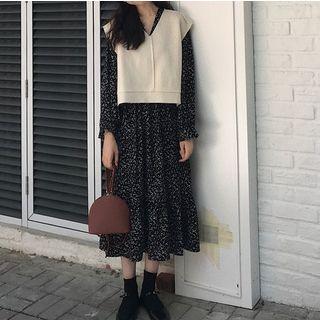 Floral Print Long Sleeve Dress / V-neck Cropped Vest