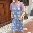 Ruffle Trim Short Sleeve Top / Floral Print Sleeveless Dress