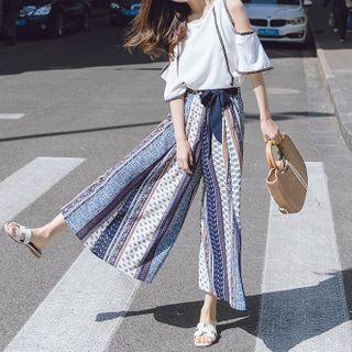 Set: Elbow-sleeve Cold Shoulder Chiffon Top + Printed Wide-leg Pants