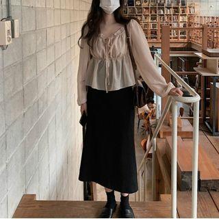 Ruffle Trim Long-sleeve Blouse / Midi A-line Skirt