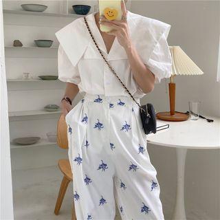 Elbow-sleeve V-neck Shirt / Wide Leg Pants