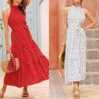 Halter-neck Dotted Midi Chiffon Dress