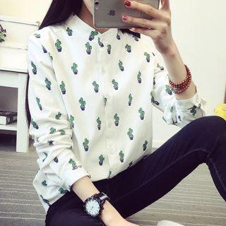 Stand Collar Cactus Patterned Shirt