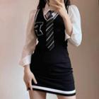 Shirt With Tie / Sleeveless Knit Mini Bodycon Dress / Set