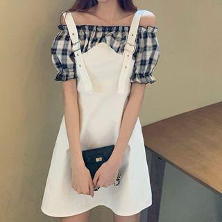 Mock Two-piece Short-sleeve Cold Shoulder A-line Mini Dress