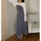 Long-sleeve Plain Cropped Top / Plain Strappy Midi Dress