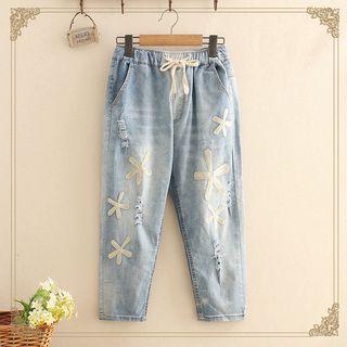 Floral Embroidered Drawstring Denim Pants