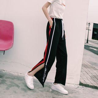 Lettering Contrast Trim Slit Wide-leg Pants