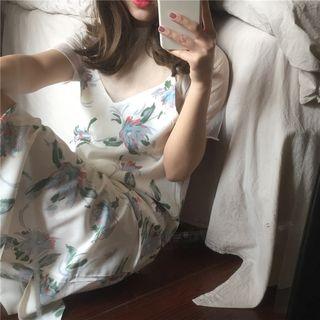 Floral Print Spaghetti Strap Dress/ Sheer Short Sleeve T-shirt