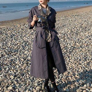 Double Breasted Plaid Panel Tie-waist Trench Coat