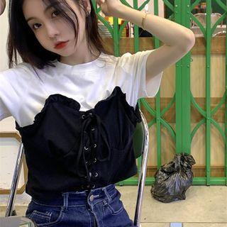 Short-sleeve Mock Two-piece Top As Figure - One Size