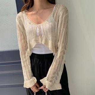 Tie-front Pointelle-knit Cardigan