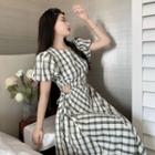 Puff-sleeve Cut-out Plaid Maxi A-line Dress