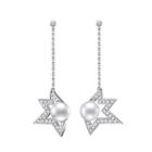925 Sterling Silver Faux Pearl Star Dangle Earring 1 Pair - White Gold Plating - One Size