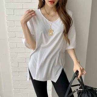 U-neck Slit-side Napped T-shirt