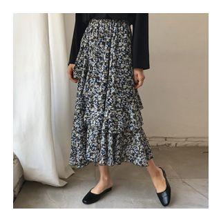 Floral Patterned Band-waist Ruffle-trim Long Skirt