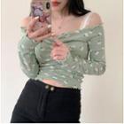 Off-shoulder Long-sleeve Floral Shirred Cropped T-shirt Matcha Green - One Size