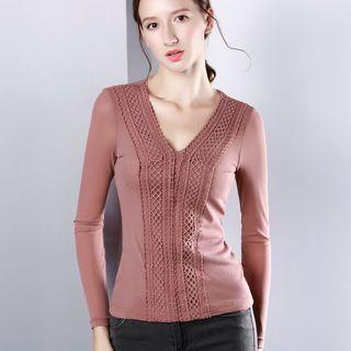 Mesh Long-sleeve V-neck Top