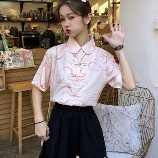 Elbow-sleeve Frog-buttoned Shirt Orange Pink - One Size
