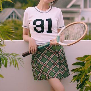 Set: Short-sleeve Swim Top + Plaid Swim Skirts
