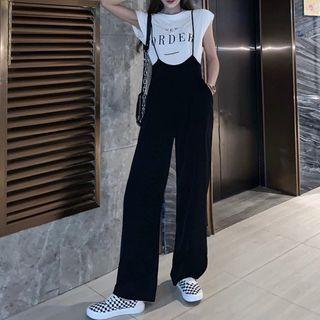 Letter Print Short Sleeve T-shirt / Suspender Wide-leg Pants