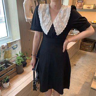 Short-sleeve Eyelet Lace Collar A-line Dress Black - One Size