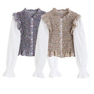 Floral Panel Plain Long-sleeve Crinkled Blouse