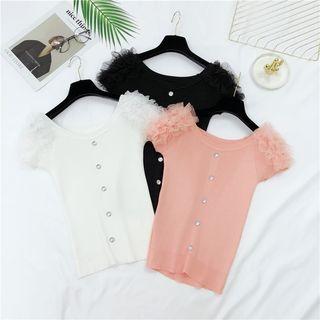 Mesh Panel Button-accent Knit Top