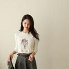 Flower-embroidered Textured Knit Top