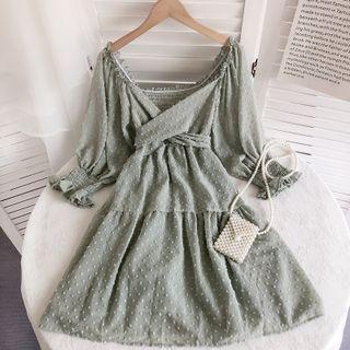 Elbow-sleeve Off-shoulder Dotted A-line Dress
