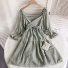 Elbow-sleeve Off-shoulder Dotted A-line Dress