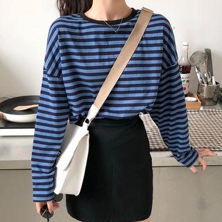 Long-sleeve Striped T-shirt / A-line Mini Skirt