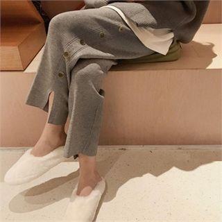 Button-trim Slit-hem Knit Pants