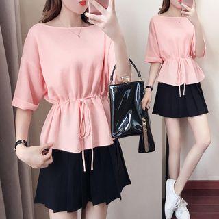 Elbow-sleeve Top / Pleated Mini Skirt / Set