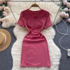 Short-sleeve Round-neck Cutout Plain Ruched Dress