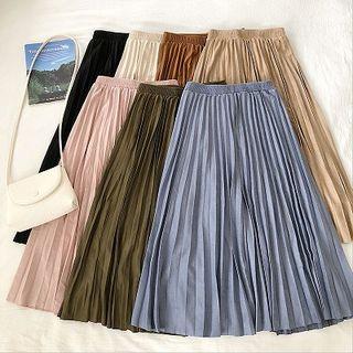 Plain High-waist Faux-suede Pleated Skirt