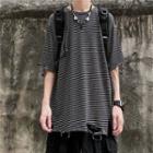 Elbow-sleeve Distressed Striped T-shirt