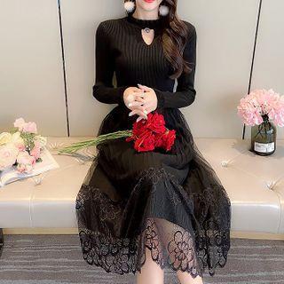Lace Panel Midi A-line Rib Knit Dress