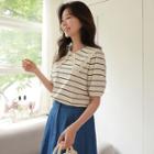 Collared Lace-trim Stripe T-shirt