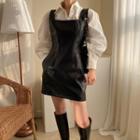 Puff-sleeve Blouse / Faux Leather Mini A-line Overall Dress