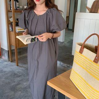 Puff-sleeve Plain Midi A-line Dress Gray - One Size